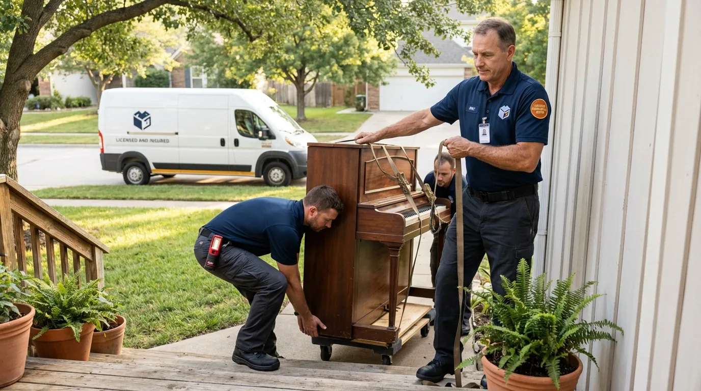 Licensed piano movers securing grand piano in Brownwood, TX