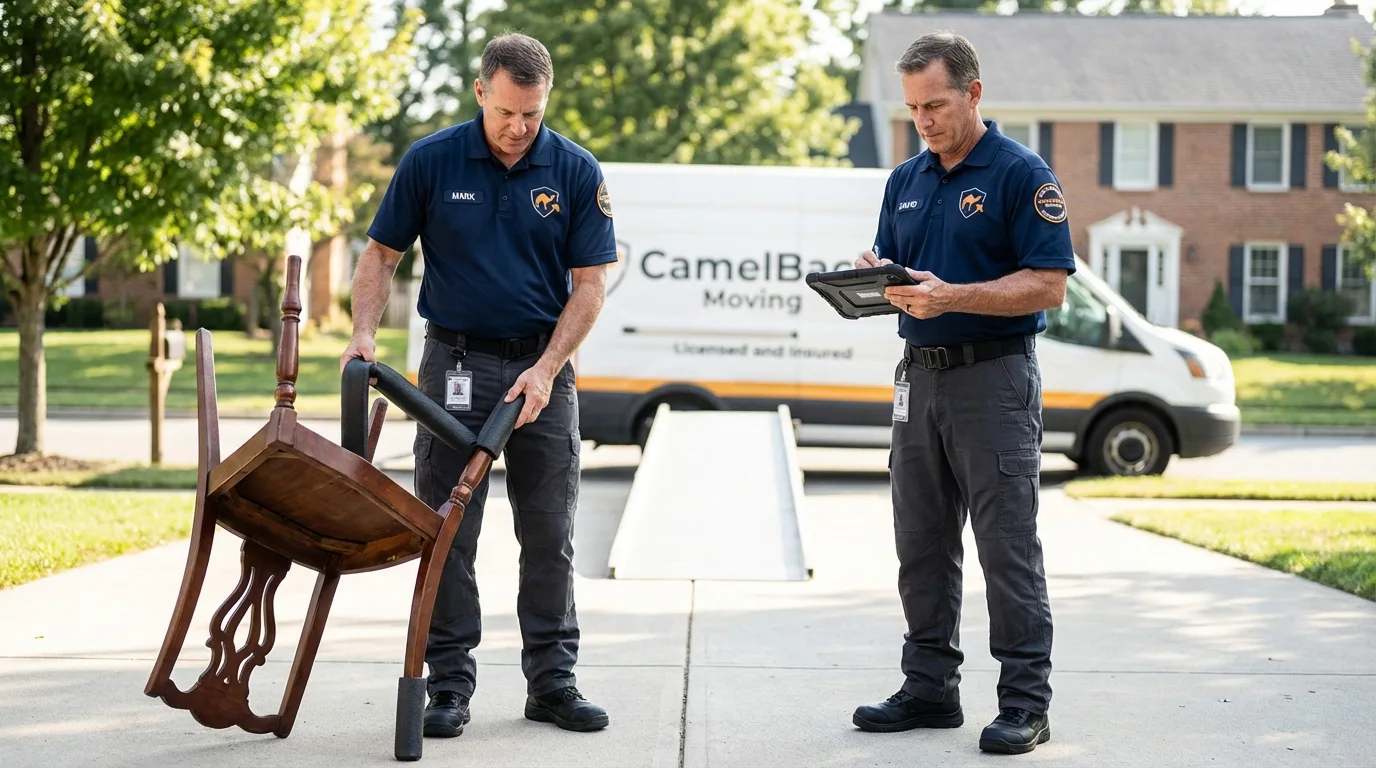 Movers inspecting furniture for damage prevention before loading in Brownwood, TX