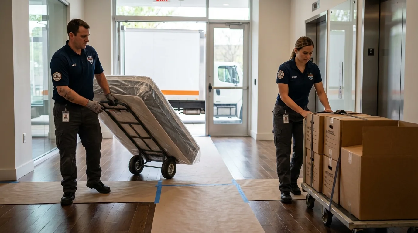 Professional apartment movers loading elevator in Brownwood, TX